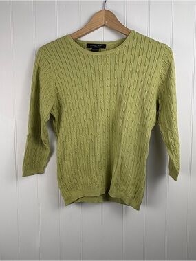 August Silk Cable Knit Sweater Sage Green 3/4 Sleeve Minimalist M